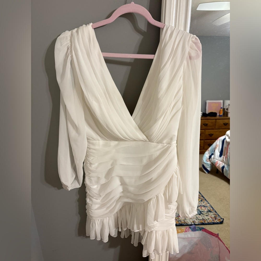 Showpo White Plunge Neck Bishop Sleeve Gown